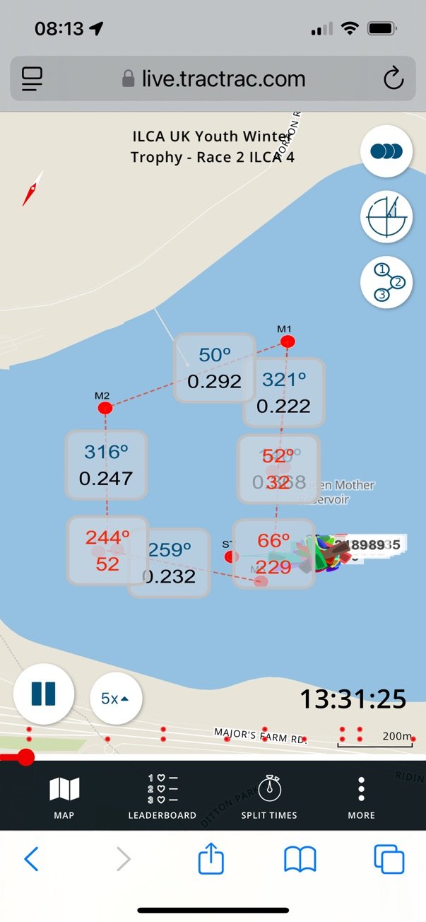 Map of ILCA UK Youth Winter Trophy Race 2 on a water body showing course markers with angles and distances.