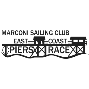 A logo for Marconi Sailing Club featuring a pier with a lighthouse, the club name, and navigational references for east coast racing.