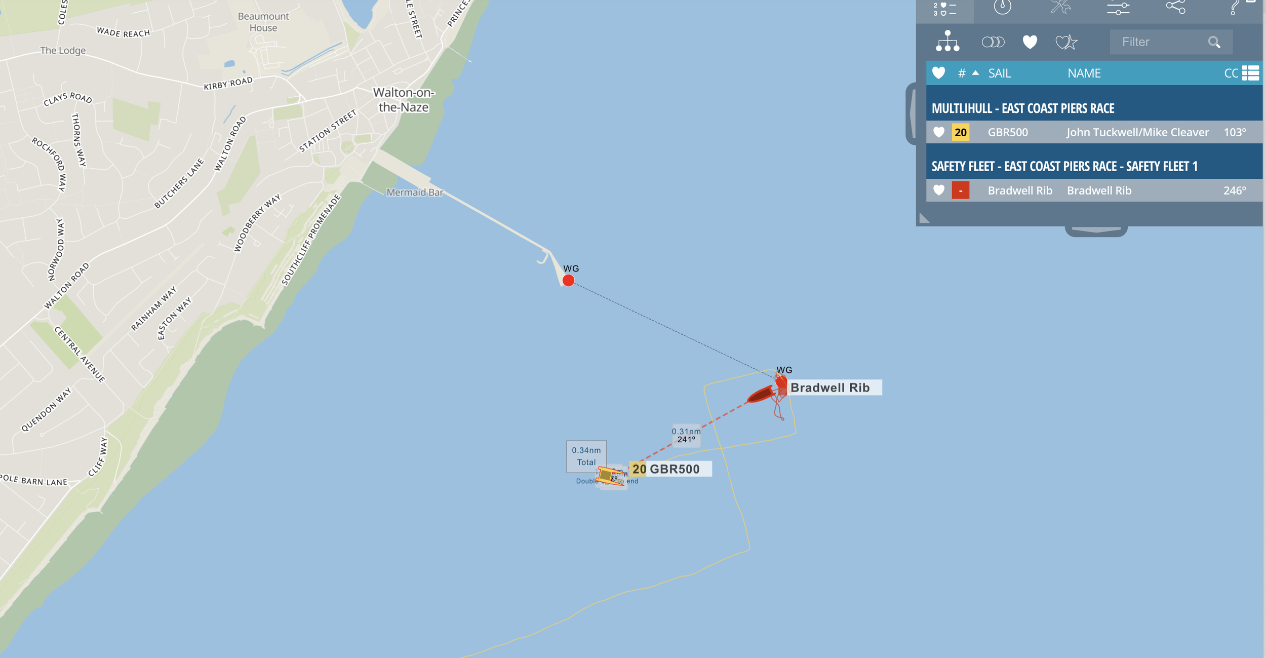 GBR500 was dismasted 2o miles from the start at Marconi SC, from the tracking, we can pinpoint the exact location with distance and compass bearing from Bradwell Safety Rib