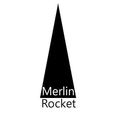 A black rocket silhouette with the words 'Merlin Rocket' written near the base.