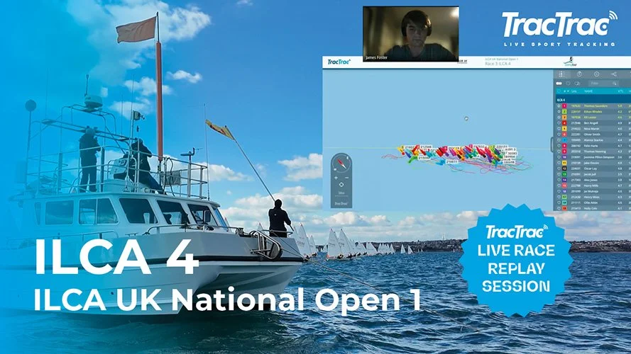 A boat with two crew members sailing on a body of water, with multiple sailboats in the background. The image overlays include a screen showing a live race tracking, with a label indicating 'ILCA 4 ILCA UK National Open 1' and a blue badge that says 'TracTrac LIVE RACE REPLAY SESSION'.