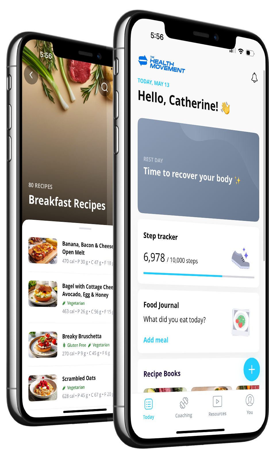 Two smartphones displaying a health and fitness app interface with recipe listings and step tracker. The left screen shows breakfast recipes like Banana, Bacon & Cheese Open Melt with nutritional info. The right screen greets a user and tracks steps, highlights 'Rest Day,' and includes a food journal prompt.