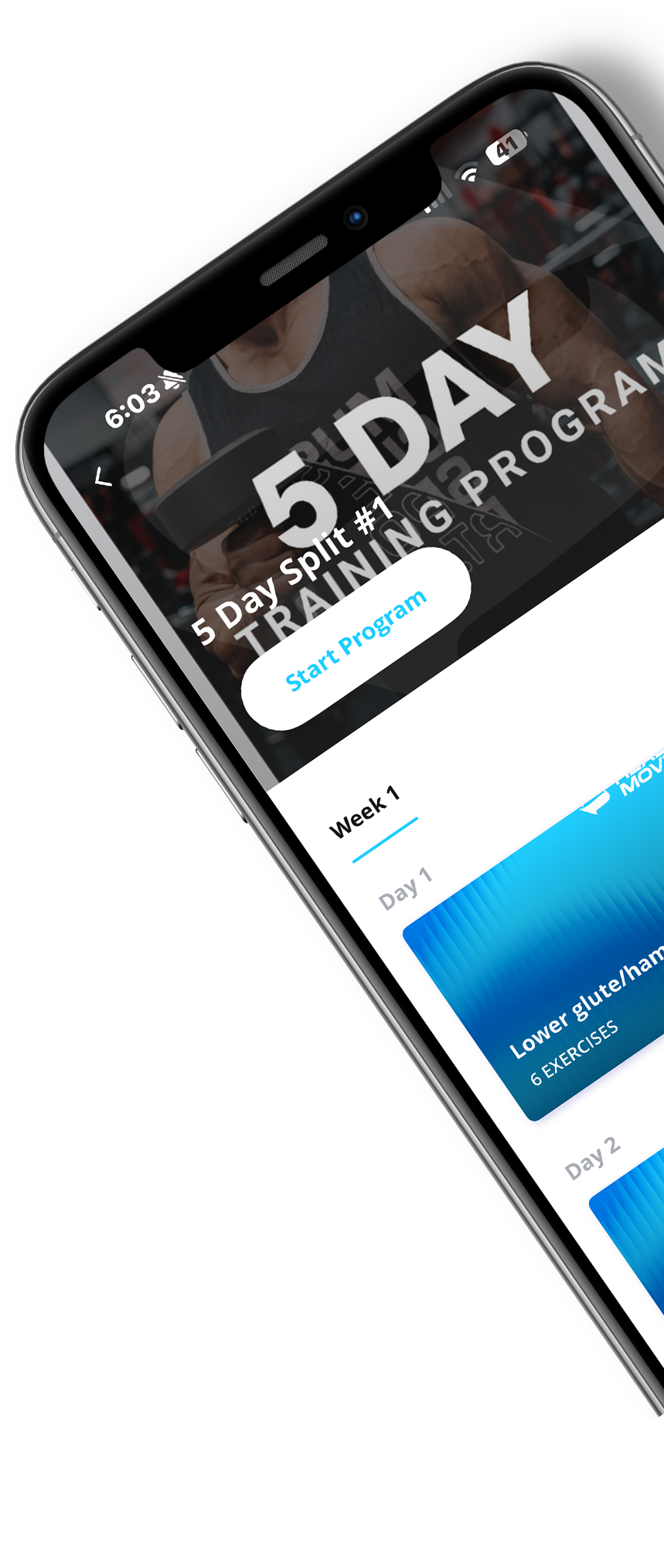 Smartphone displaying a fitness app interface with a 5-day training program and a start button.