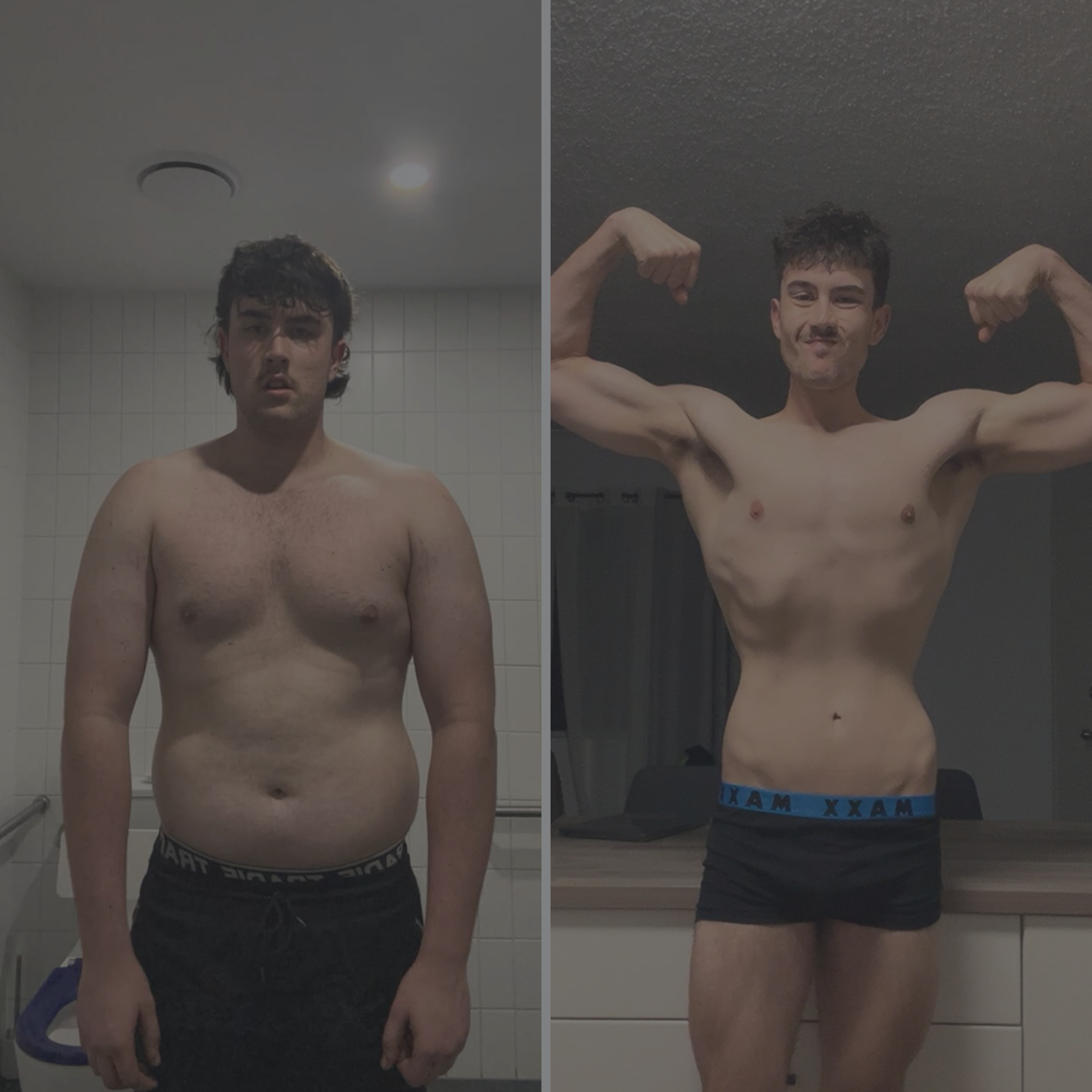 Side-by-side comparison of a man before and after weight loss, showing muscle gain and improved physique.