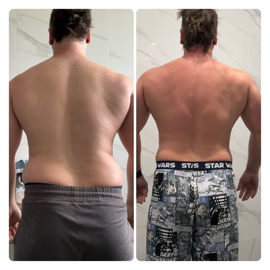 Before and after comparison of a person's back showing fitness transformation. Left: person in gray shorts with more body mass. Right: person in Star Wars shorts with reduced body mass.