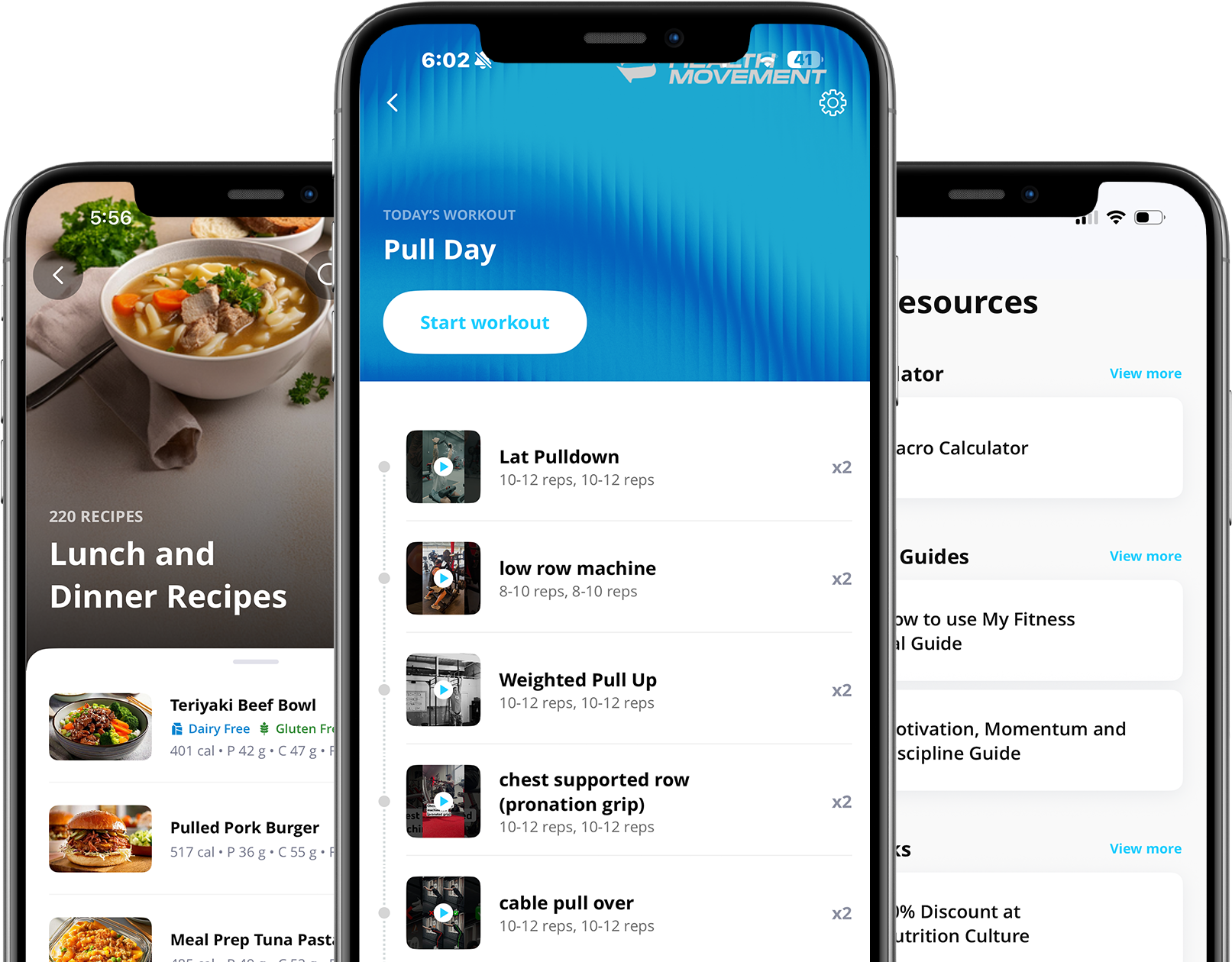 Three smartphone screens displaying a fitness and health app interface. The left screen shows recipes, including a bowl of soup and meal options like Teriyaki Beef Bowl and Pulled Pork Burger. The center screen displays a 'Pull Day' workout plan with exercises like Lat Pulldown and Weighted Pull Up. The right screen provides health resources, including calculators and guides.