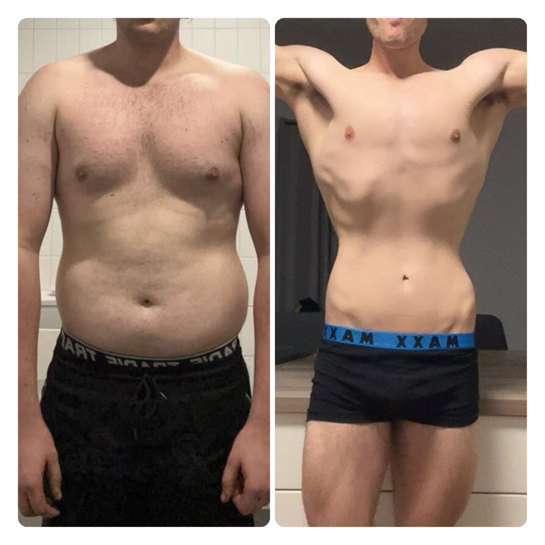 Side-by-side comparison of a person's body transformation, showing weight loss and increased muscle definition. The left image shows a person with a fuller body, while the right image displays a leaner, more toned physique.