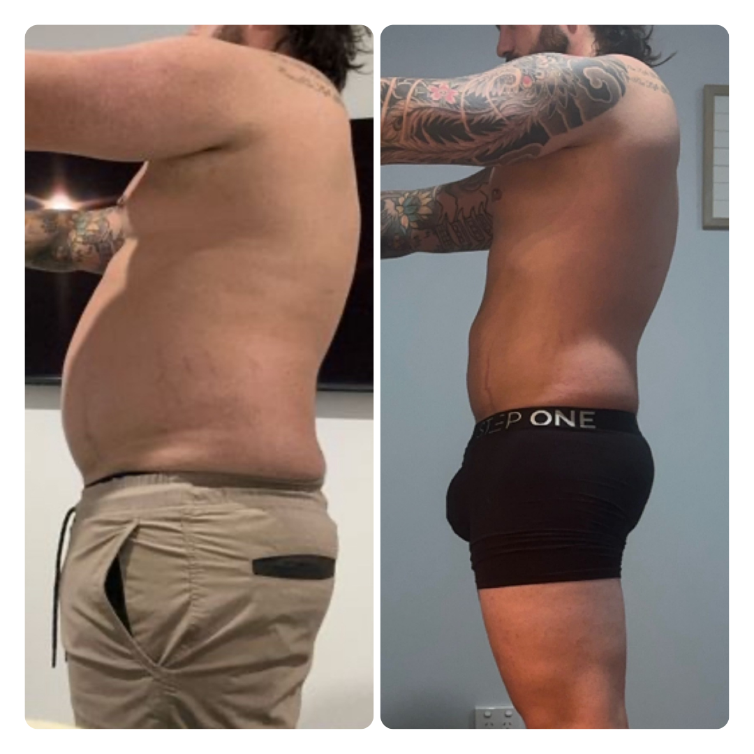 Side-by-side comparison of a man before and after weight loss, showing reduced body size and increased muscle definition.