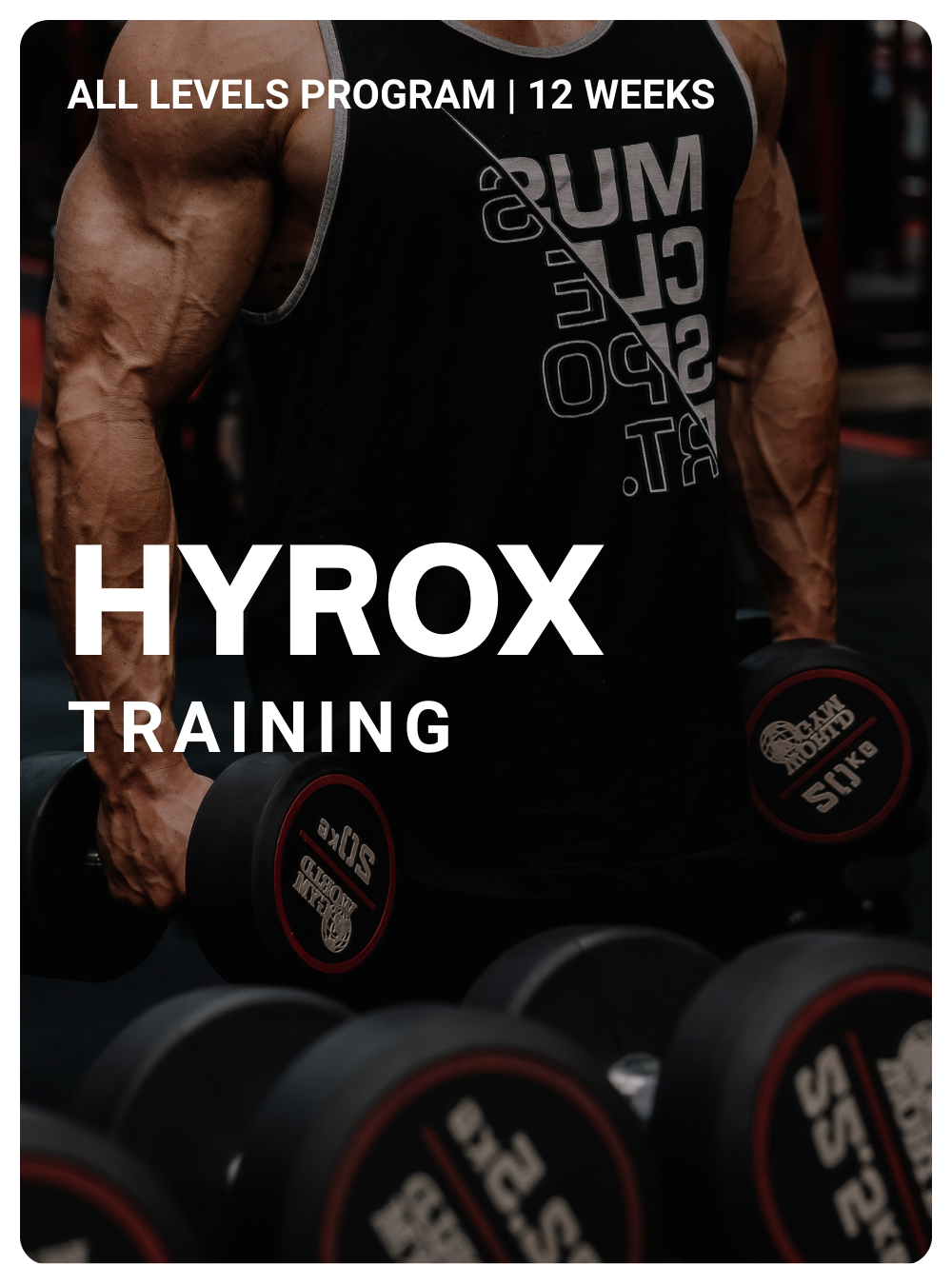 Person holding dumbbells with text "All Levels Program | 12 Weeks" and "HYROX Training."