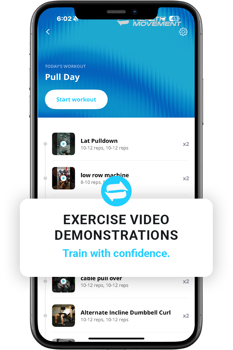 Mobile app screen showing a workout plan titled 'Pull Day' with exercises like lat pulldown, low row machine, and more, along with a prompt for exercise video demonstrations.
