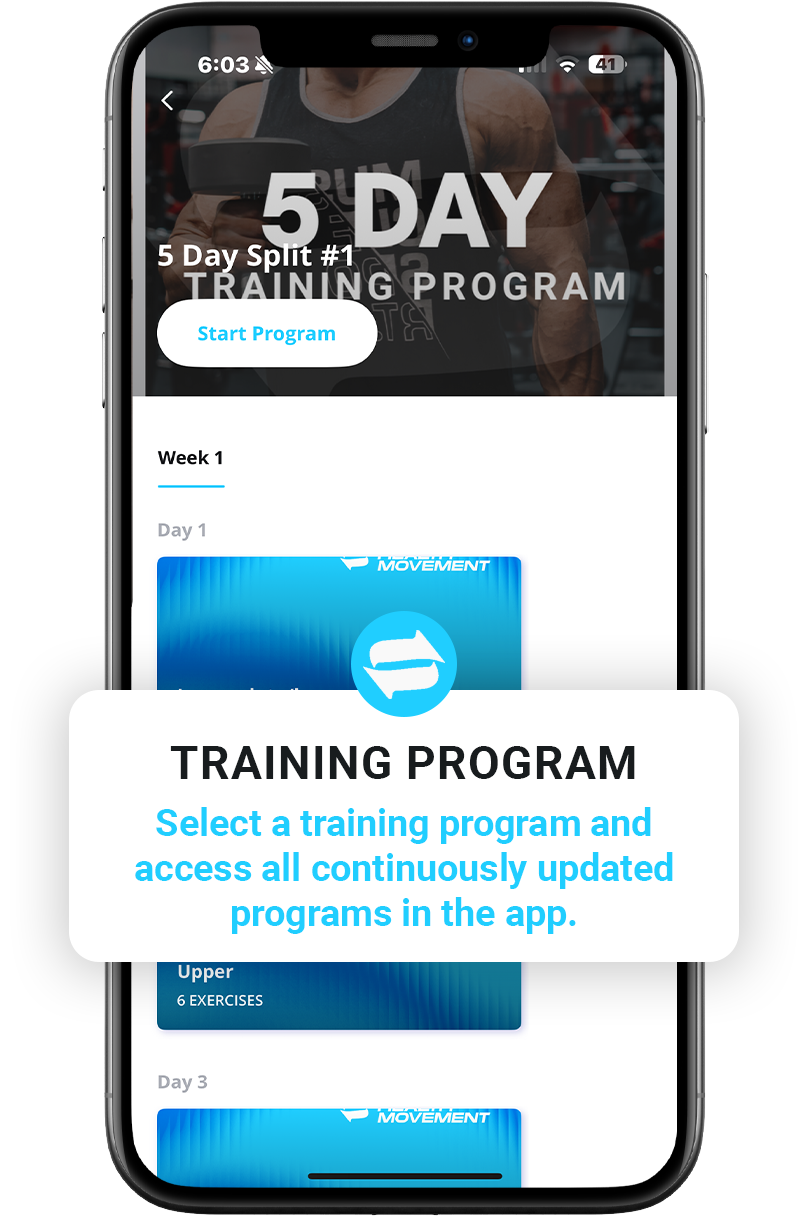 Smartphone displaying a fitness app with a 5-day training program and a "Start Program" button.