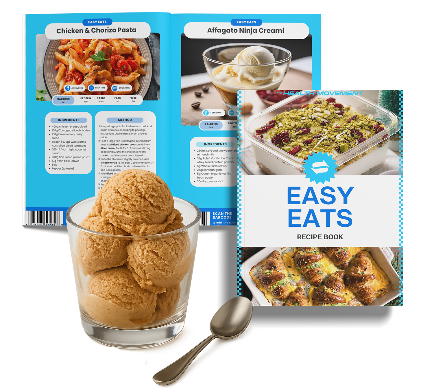Display of the 'Easy Eats' recipe book, featuring pages with Chicken & Chorizo Pasta and Affogato Ninja Creami recipes, alongside a bowl of ice cream and a spoon.
