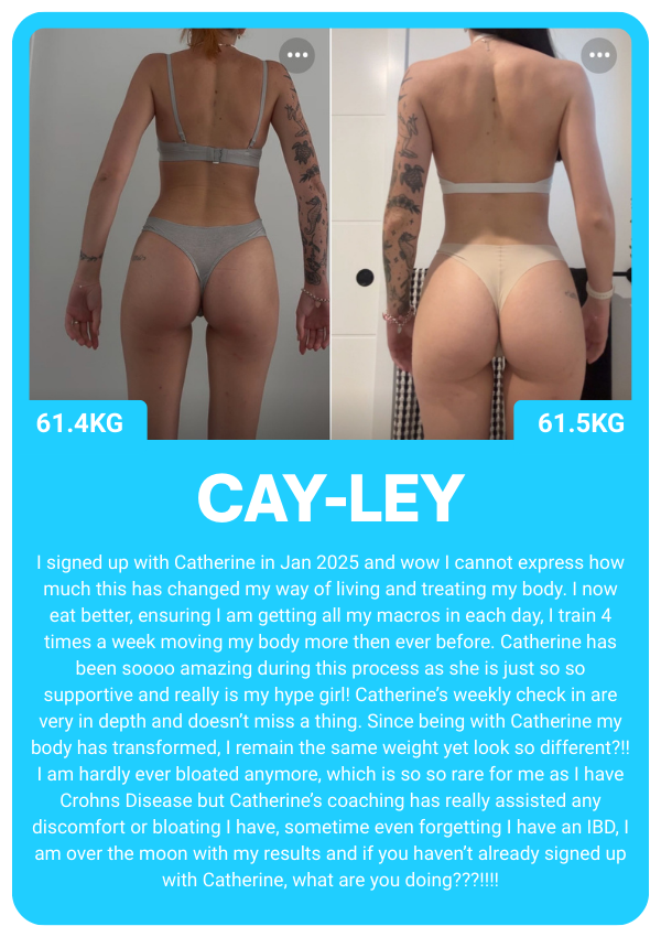 Before and after fitness transformation photo showing a person's back, wearing underwear, with weight changes noted below each image. The image includes a testimonial about health and lifestyle improvements from coaching.