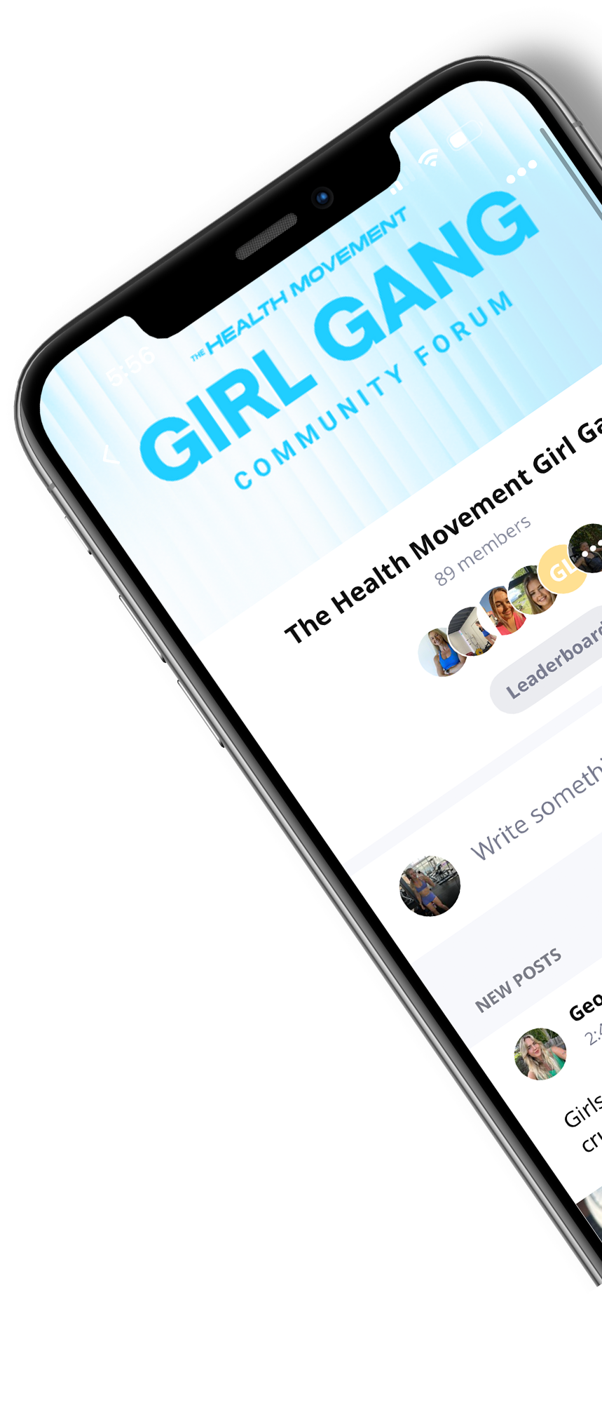 Smartphone displaying "Girl Gang Community Forum" app interface.