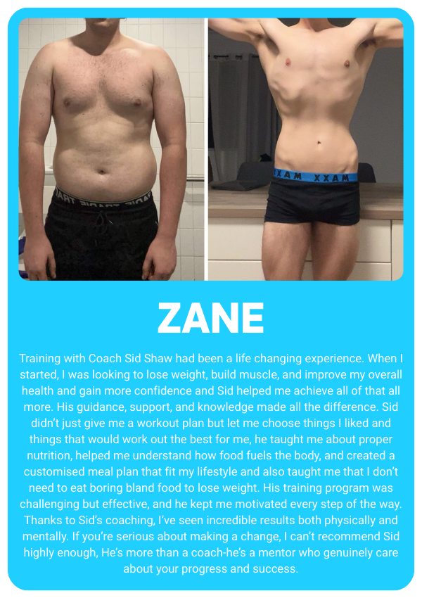 Before and after fitness transformation photo with testimonial text.