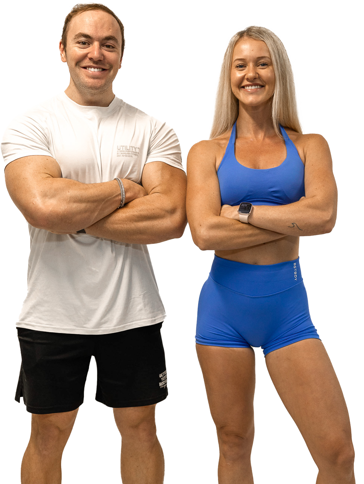 Sid and Catherine smiling, standing with arms crossed. Sid wears a white T-shirt and black shorts, Catherine wears a blue sports bra and shorts. White background.