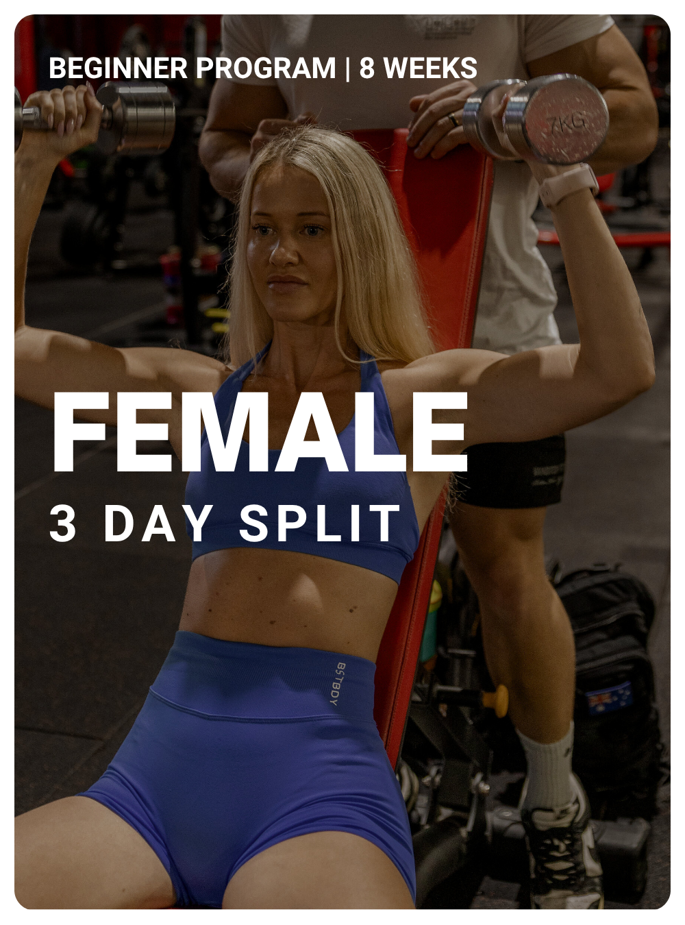 Catherine lifting weights in a gym setting, part of a fitness program advertisement for a female 3-day split beginner program spanning 8 weeks.