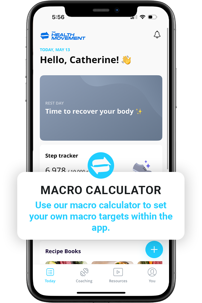 Mobile health app interface showing a welcome message to Catherine, with step tracking and macro calculator features.