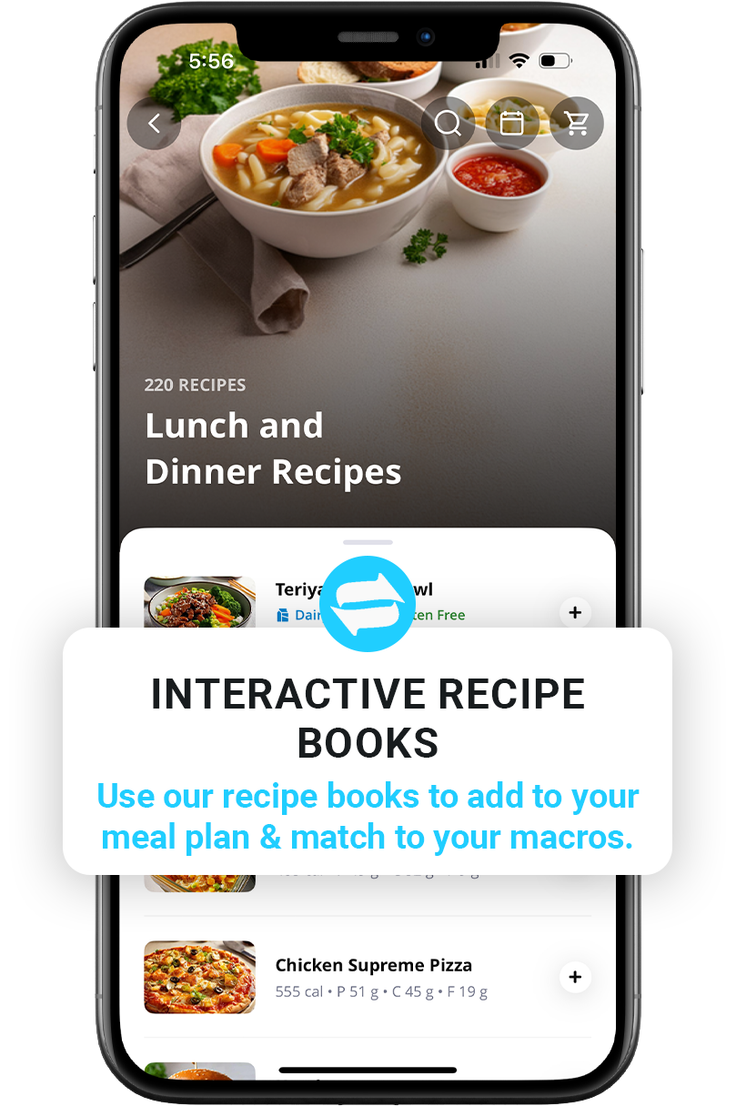 Mobile app screen showing Lunch and Dinner Recipes, with a soup image, interactive recipe books feature description, and a meal plan option for matching macros.