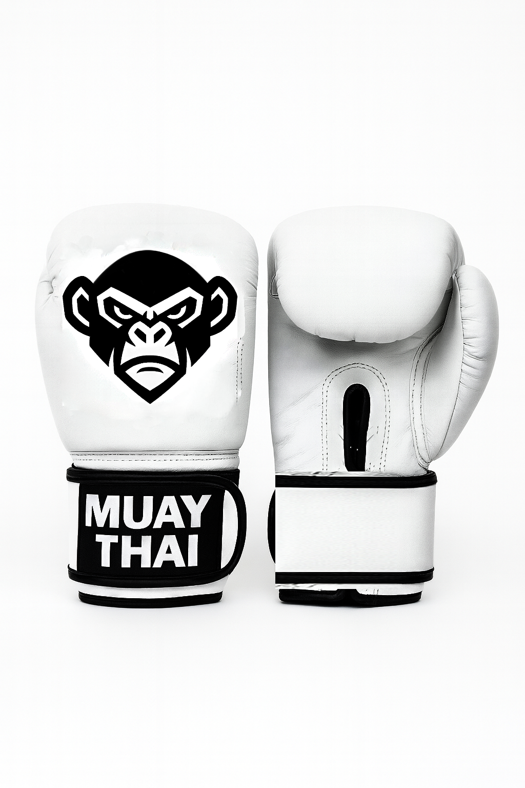 A pair of white boxing gloves with a black and white gorilla logo on the left glove and the words 'MUAY THAI' on the wrist strap of the left glove, set against a white background.