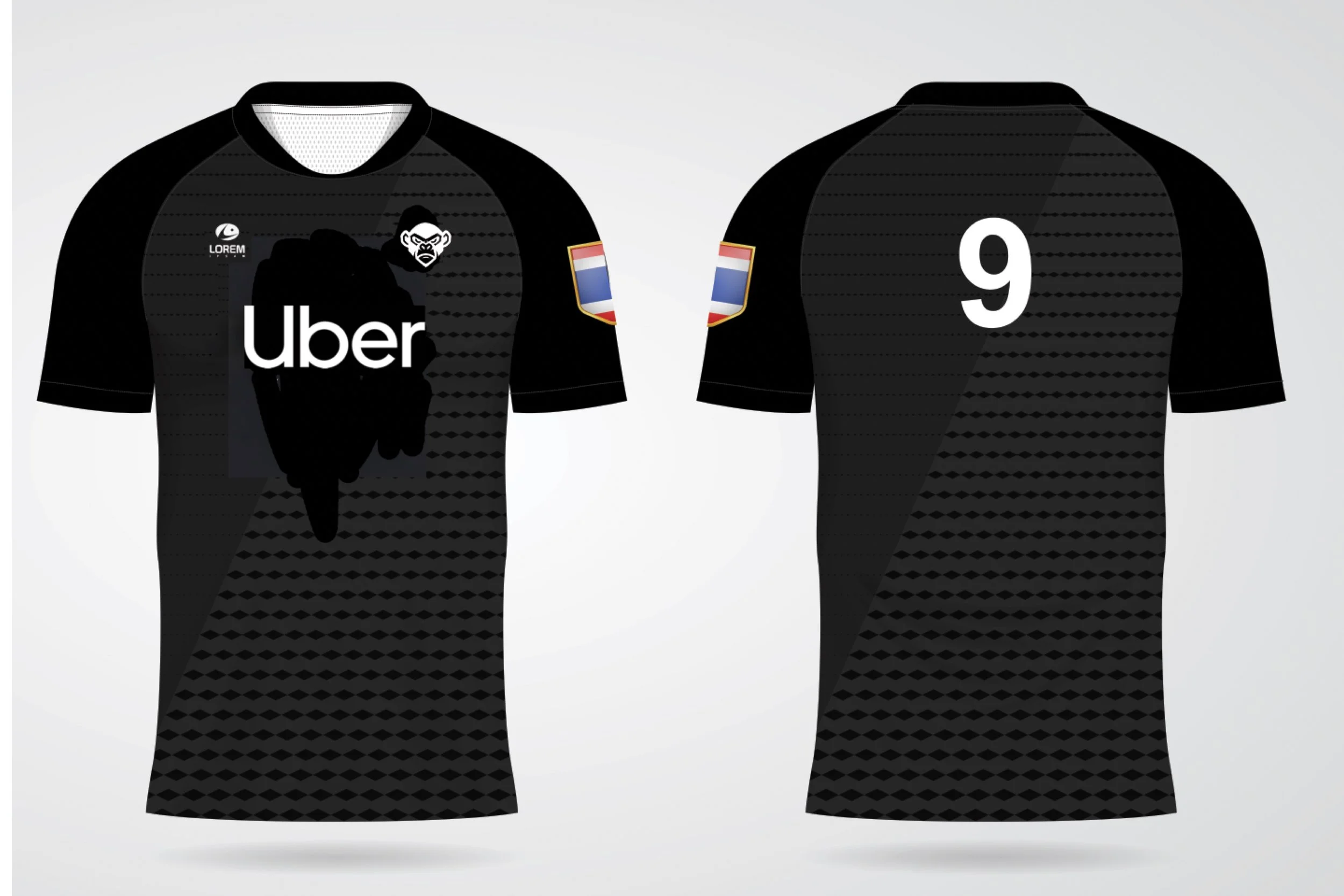 Digital design of a black sports jersey with a honeycomb pattern. The front displays a logo with a monkey face and the word 'Uber' underneath. The back shows the number 9. Both sleeves have patches with red, white, and blue stripes.