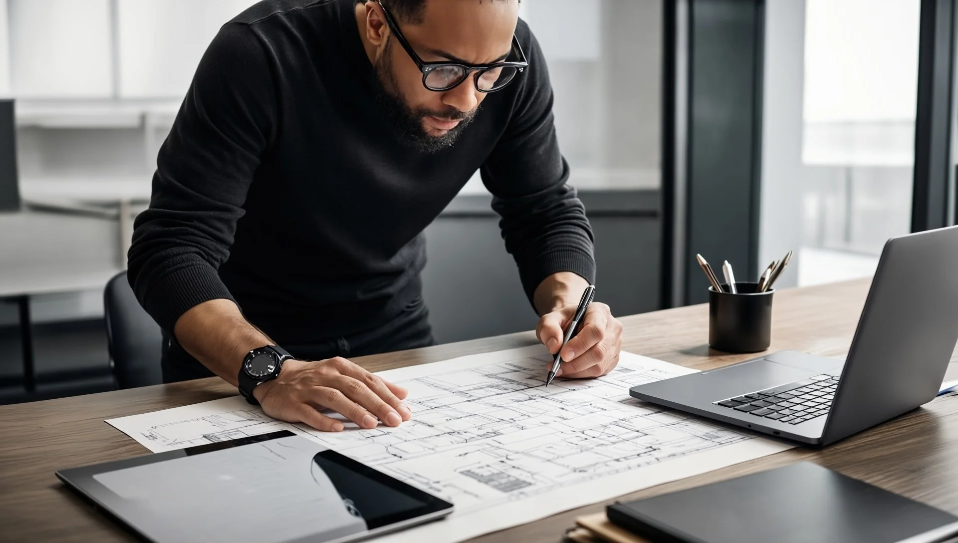 A man in glasses and a black sweater is leaning over an architectural blueprint on a wooden desk, drawing with a pen. On the desk are a laptop, a smartphone, a black coffee mug filled with pens, and a closed notebook, with a modern office setting in the background.
