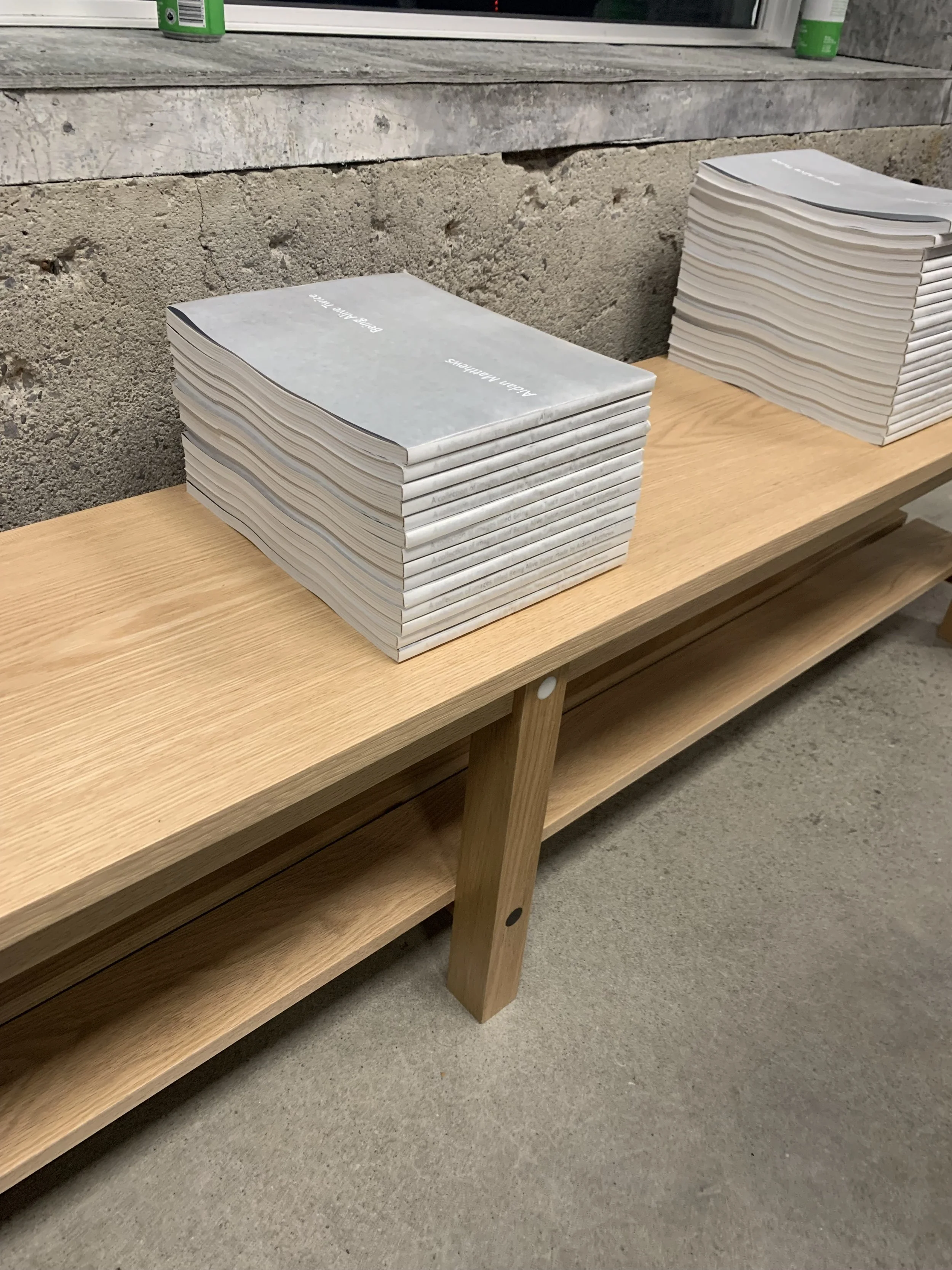 Two stacks of pamphlets on a wooden table against a concrete wall.