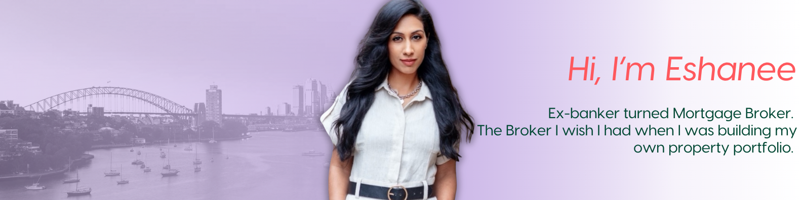 Eshanee, ex-banker turned mortgage broker and founder of April Six, in front of the Sydney skyline