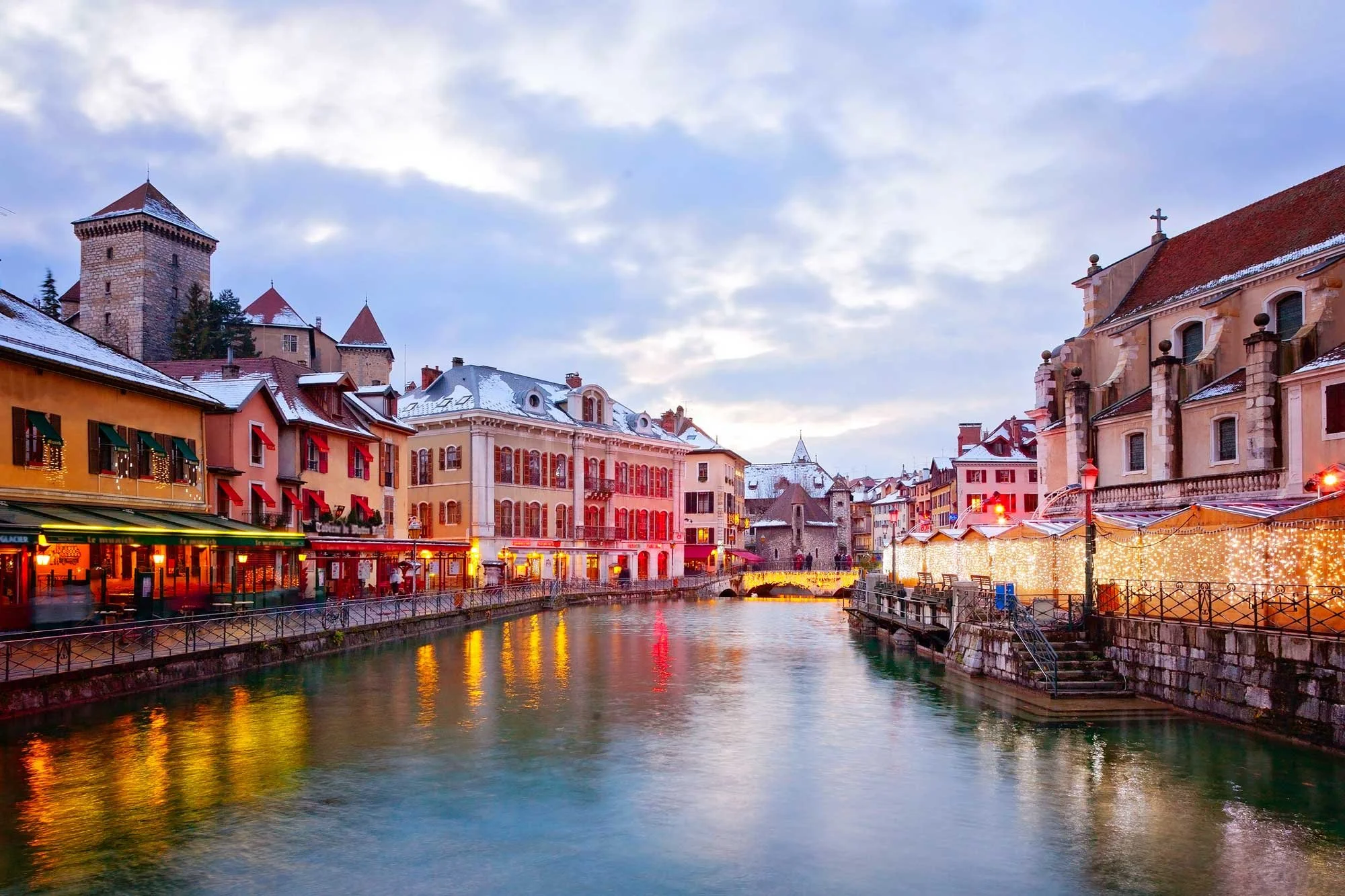 Christmas time buildings along a river in Annecy, France