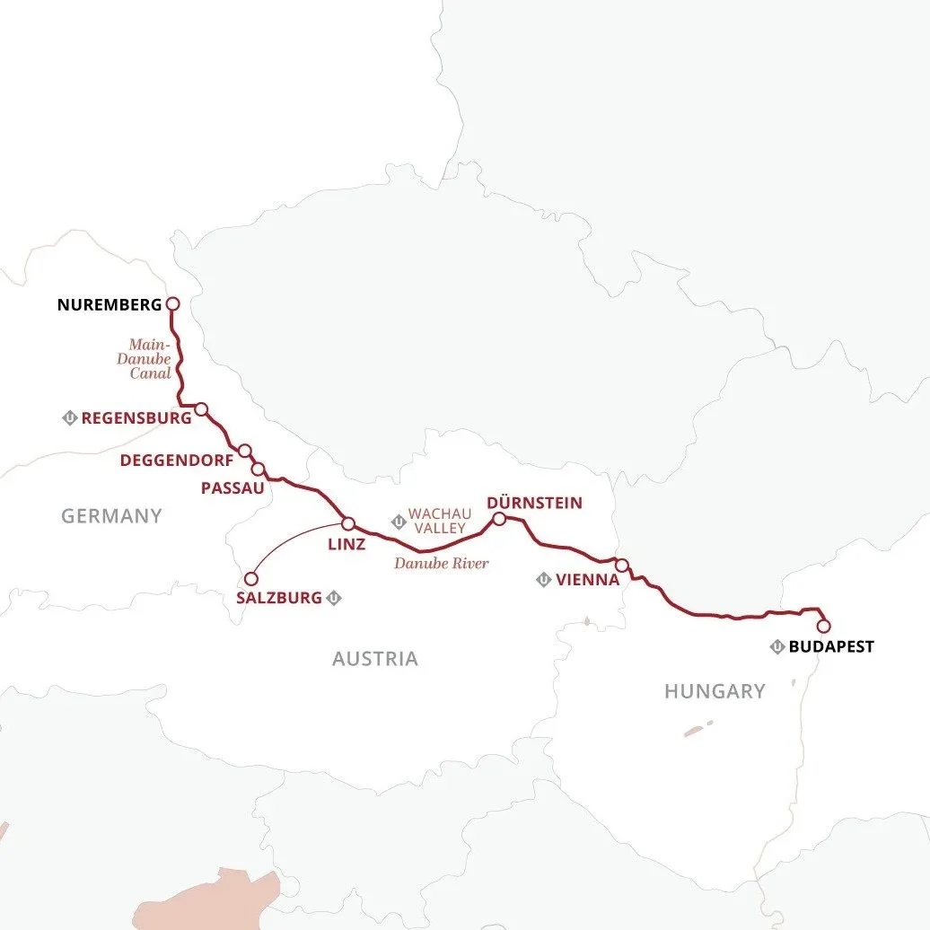Uniworld's Grand Christmas and New Year's European Danube river cruise route map