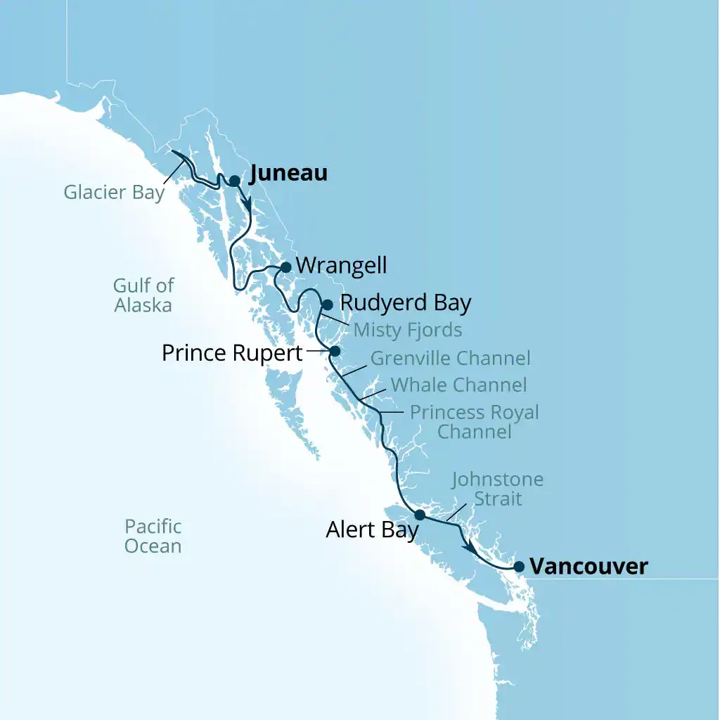 Itinerary map for Seabourn Encore Alaska cruise