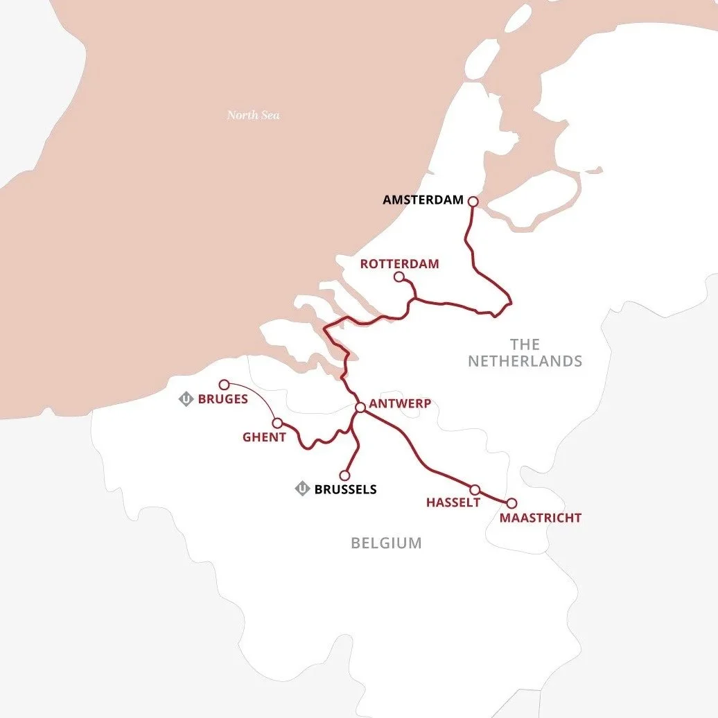 Uniworld's Dutch + Belgian Holiday Celebration river cruise route map