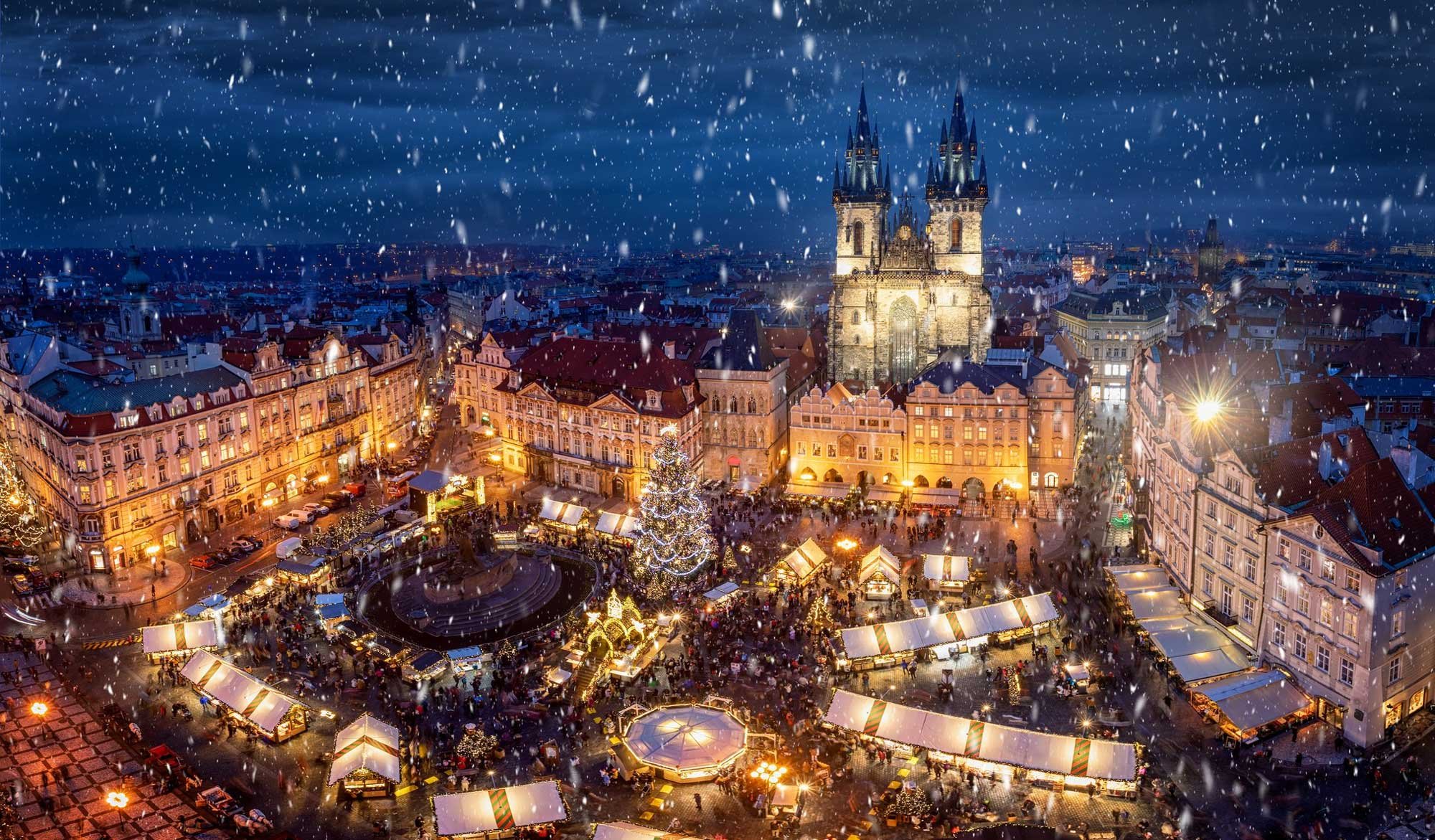 Aerial view of a European Christmas market at night