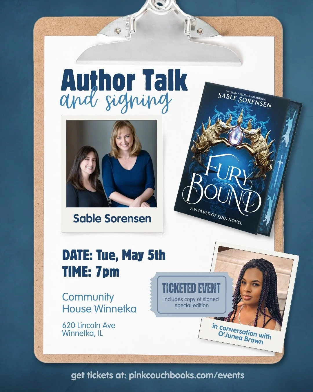 We're SO excited to announce our upcoming evening with authors Sable Sorensen and O'Junea Brown celebrating the release of FURY BOUND (book 2 in The Wolves of Ruin series). 

✨Tuesday, May 5th at 7pm
✨Community House Winnetka
✨620 Lincoln Ave, Winnet