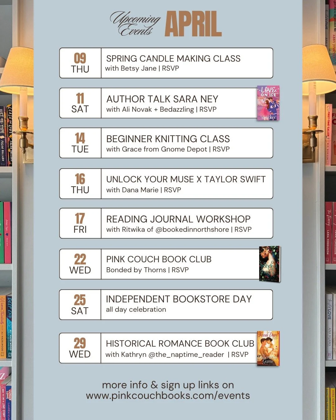 The April calendar is LIVE (and slightly updated)! 🌷
For more details &amp; RSVP links go to
pinkcouchbooks.com/events
