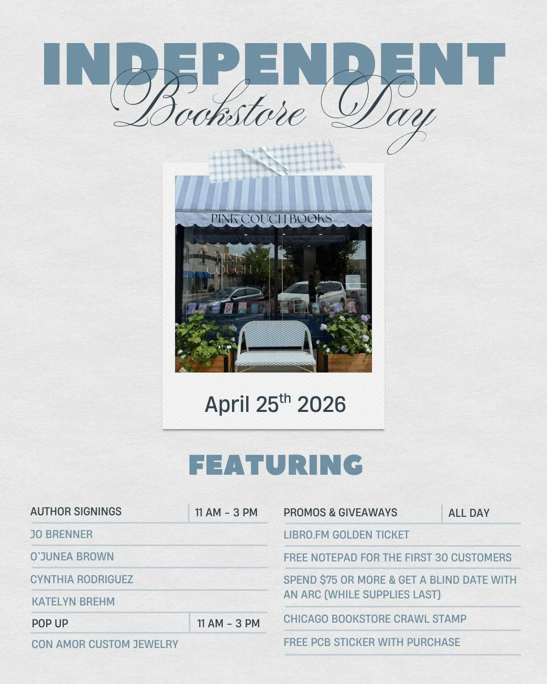 WE HAVE A COUPLE OF FUN UPDATES! 
🎉Independent Bookstore Day is on April 25th and we&rsquo;ve planned a day full of giveaways, author signings, and more! Swipe to learn all the deets!

🩵 @handmade_conamor will be here with a custom jewelry pop up!
