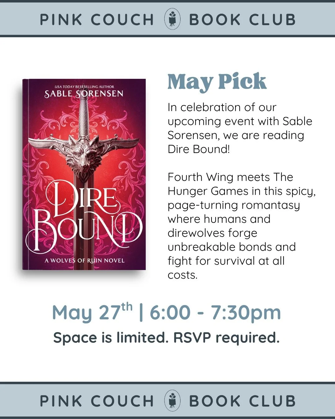 It's time for another book club!

We're so excited about our upcoming event on May 5th with @sablesorensen that we HAD TO pick Dire Bound in preparation for Fury Bound.

RSVP at the link in bio!