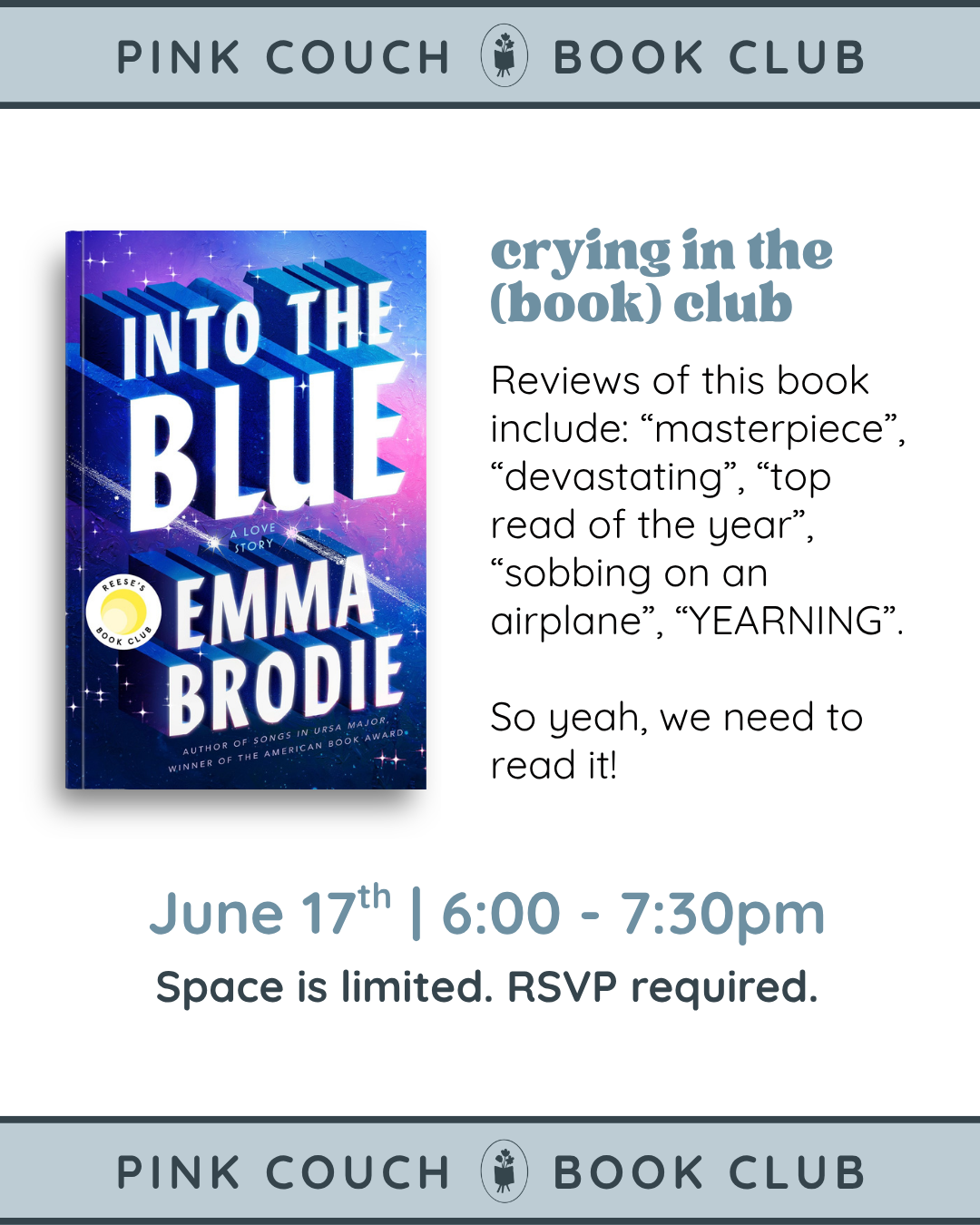 RESCHEDULED! Pink Couch Book Club - Into The Blue