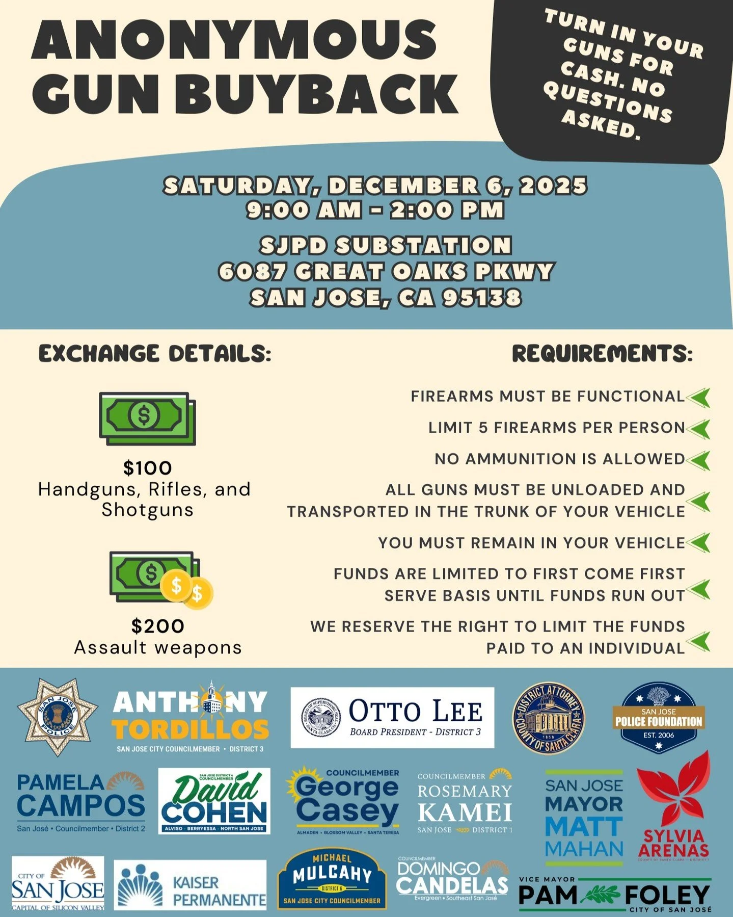 Sat, Dec 6, 9am - 2pm
SJPD Substation at 6087 Great Oaks Pkwy, San Jose, CA 95138

I'm helping sponsor an Anonymous Gun Buyback event. Turn in your guns for cash, no questions asked.