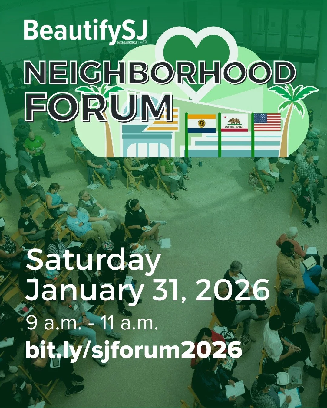 Please join the Parks, Recreation, and Neighborhood Services Department at a workshop to share your thoughts on the future of San Jos&eacute;&rsquo;s parks.

Date: Saturday, January 31
Time: 9:00-11:00 a.m.
Location: Southside Community Center (5585 