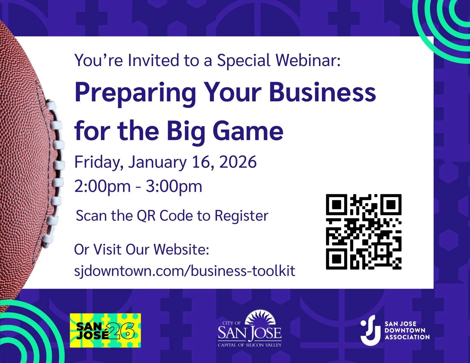Join panelists from the San Jose Downtown Association, Team San Jos&eacute;, and the City of San Jos&eacute;'s Office of Economic Development and Cultural Affairs for an engaging discussion on ways businesses can make the most of Super Bowl weekend i