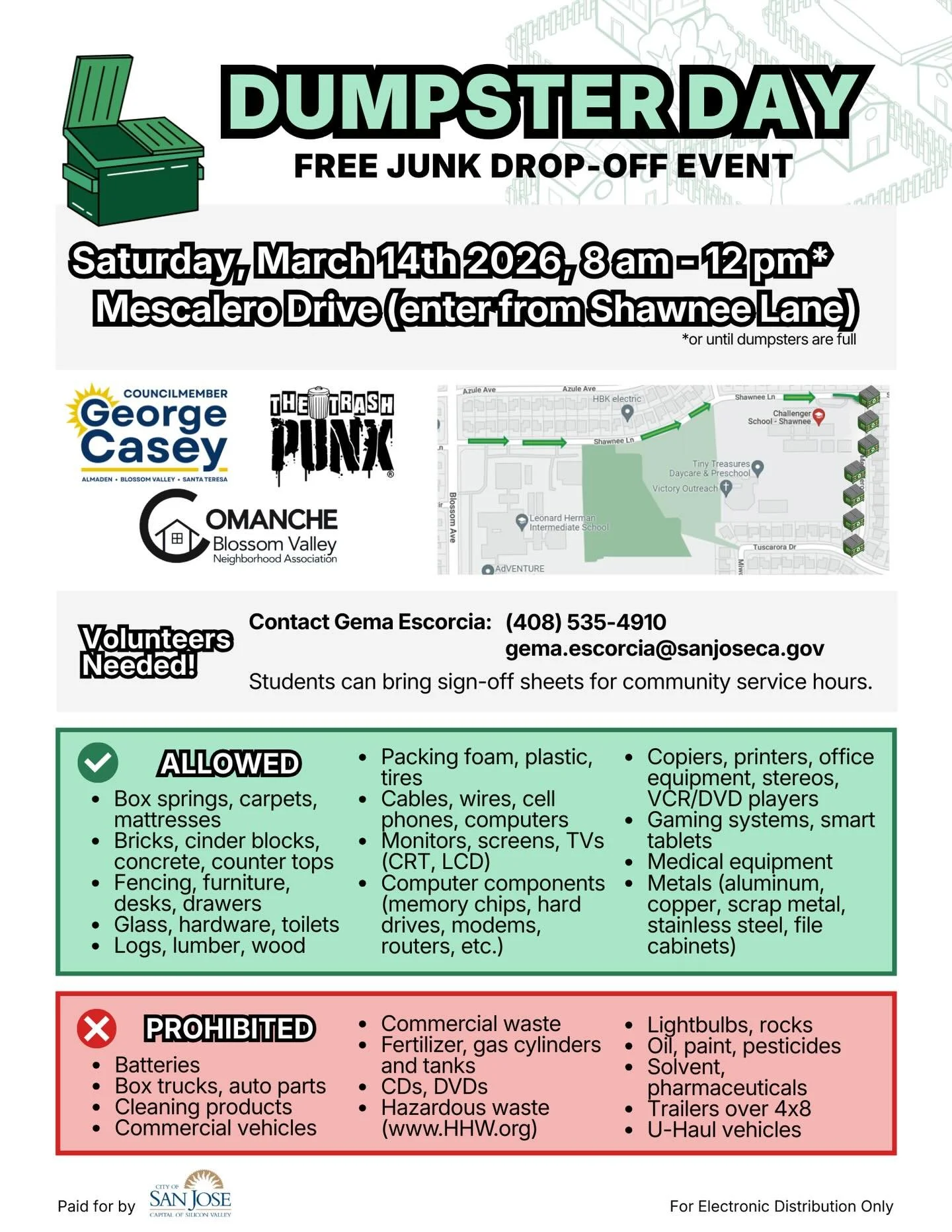 Mark your calendars! 🗓️
Dumpster Day is happening March 14 from 8:00 AM &ndash; 12:00 PM on Mescalero Drive!
This is a free service for residents to conveniently dispose of unwanted household items and clutter. Take advantage of this opportunity to 