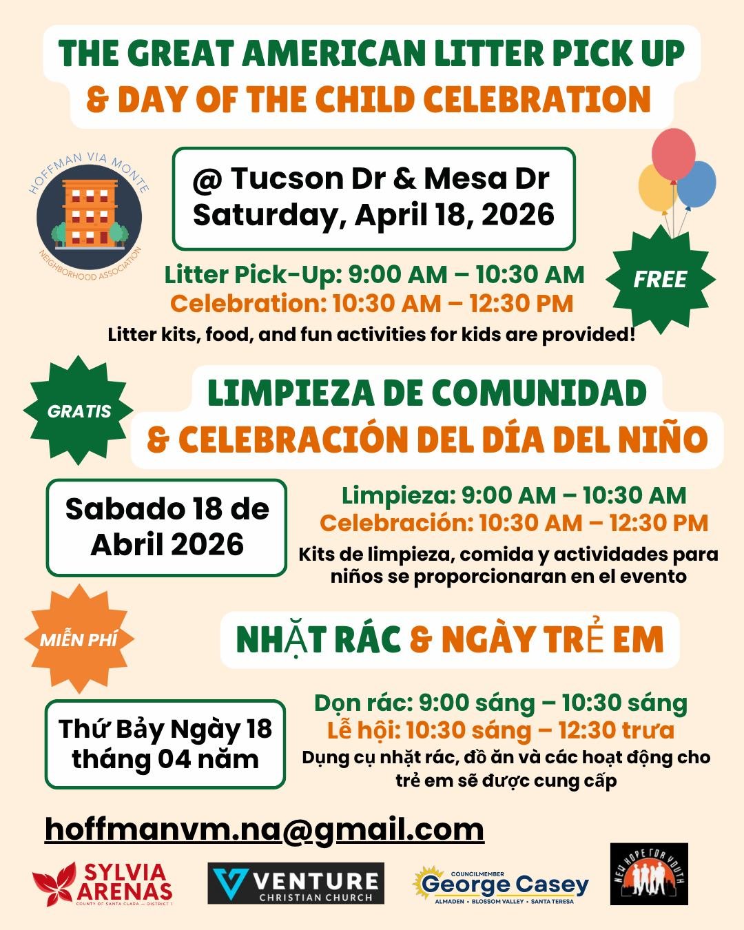 Great American Litter Pick Up &amp; Day of the Child Celebration
Date: Saturday, April 18
Litter Pick-Up: 9:00 AM &ndash; 10:30 AM
Celebration: 10:30 AM &ndash; 12:30 PM
Location: Tucson Dr and Mesa Dr

Join Hoffman Via Monte Neighborhood Association