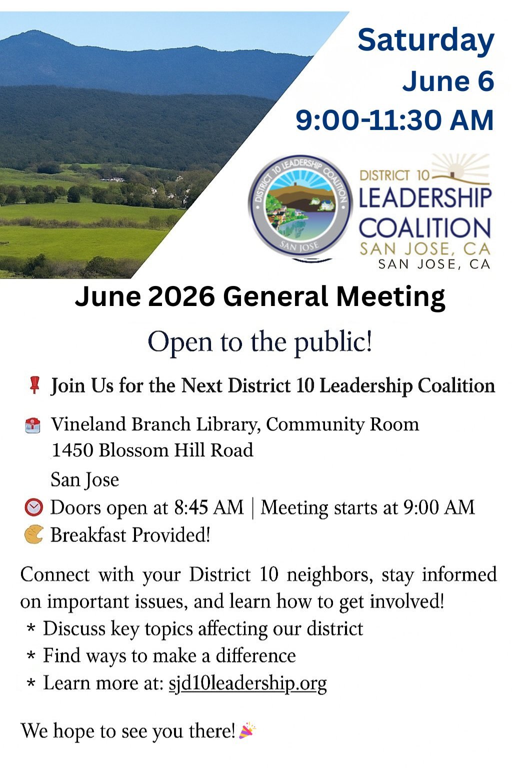 This Saturday, meet neighbors at the District 10 Leadership Coalition general meeting!

Saturday, June 6, 9 &mdash; 11:30 am
Vineland Branch Library, Community Room