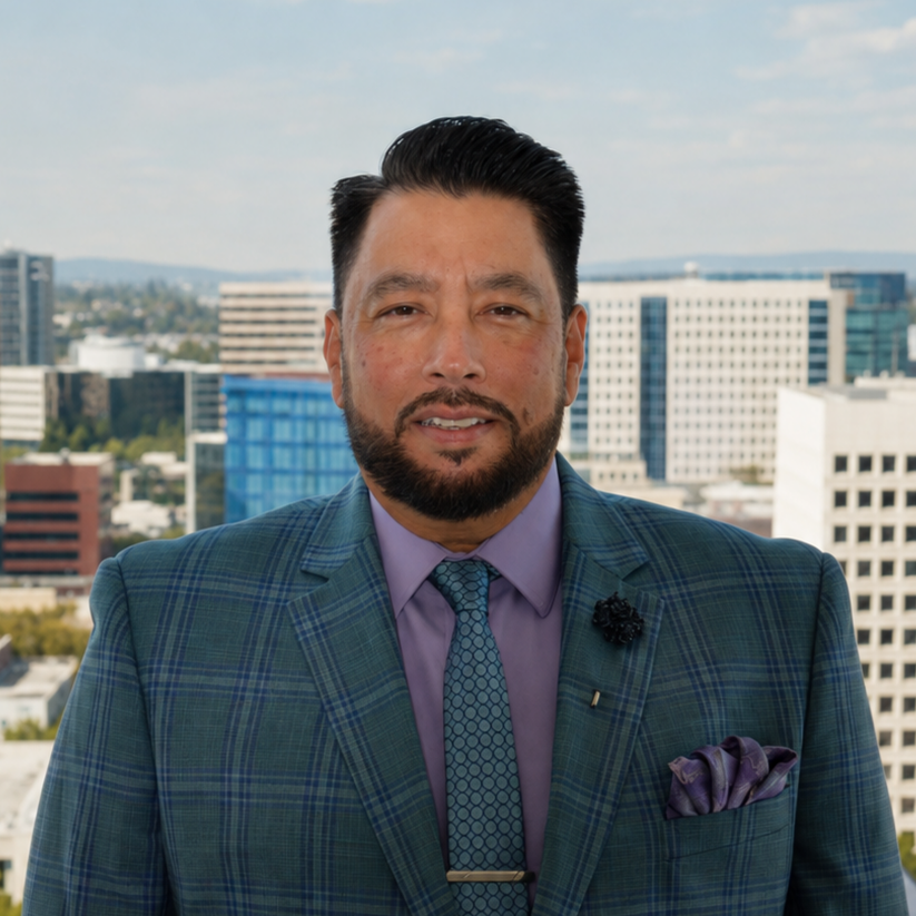 A smiling man in a blue plaid suit with a bee lapel pin, cream pocket square, and patterned tie, standing outdoors in front of a modern building.