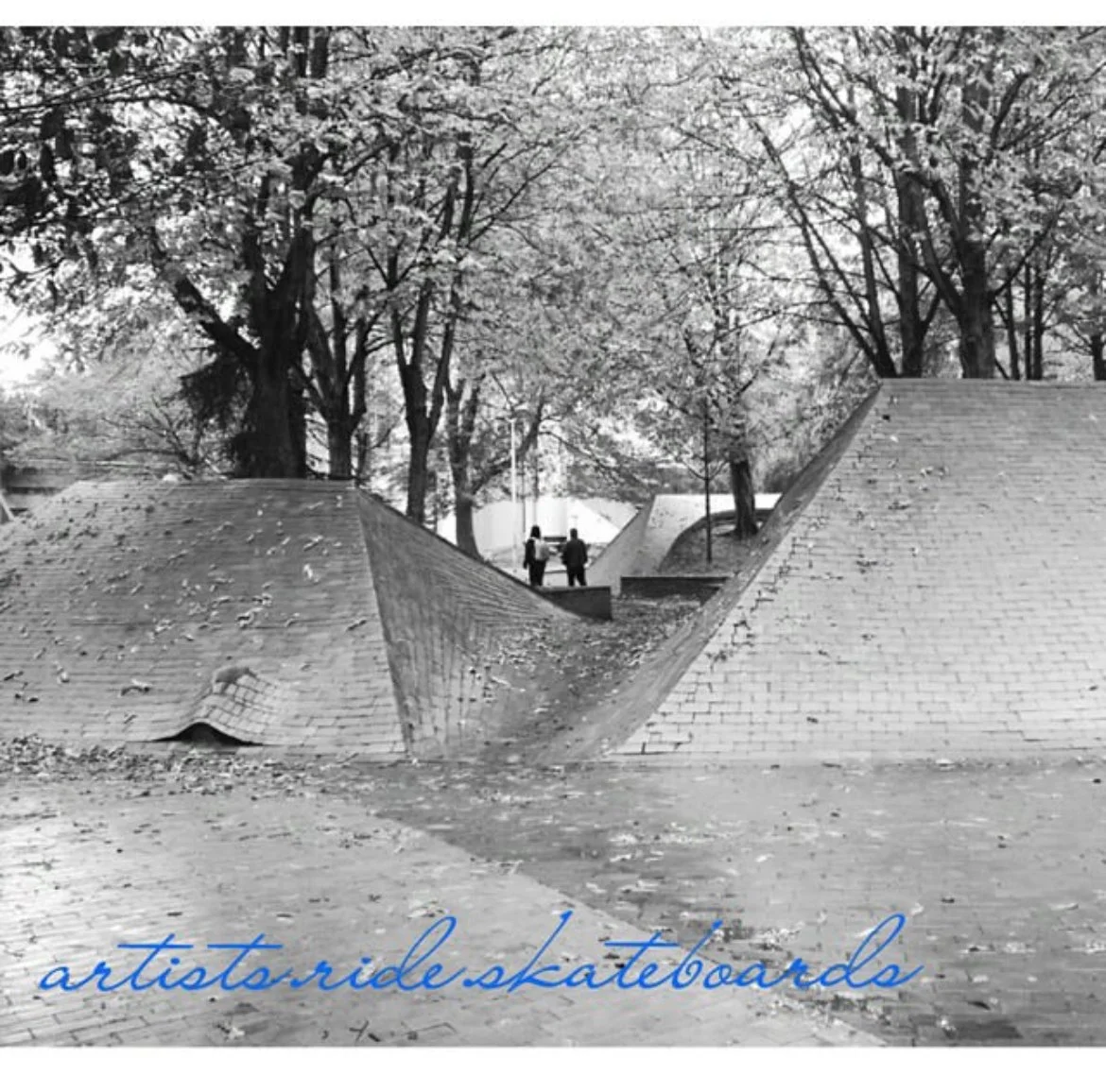 Black and white photo of a natural skate spot in Paris, France surrounded by tall trees with autumn leaves. With the words’ artists ride skateboards” written in blue cursive at the bottom.