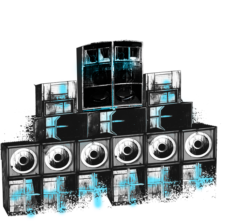 A large sound system with multiple speakers stacked in a pyramid shape, featuring black and white and some cyan accents.