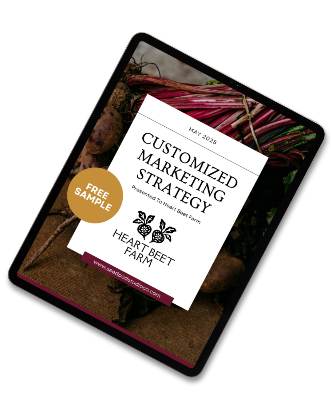 A customized marketing strategy PDF for Heart Beet Farm displayed on an ipad.