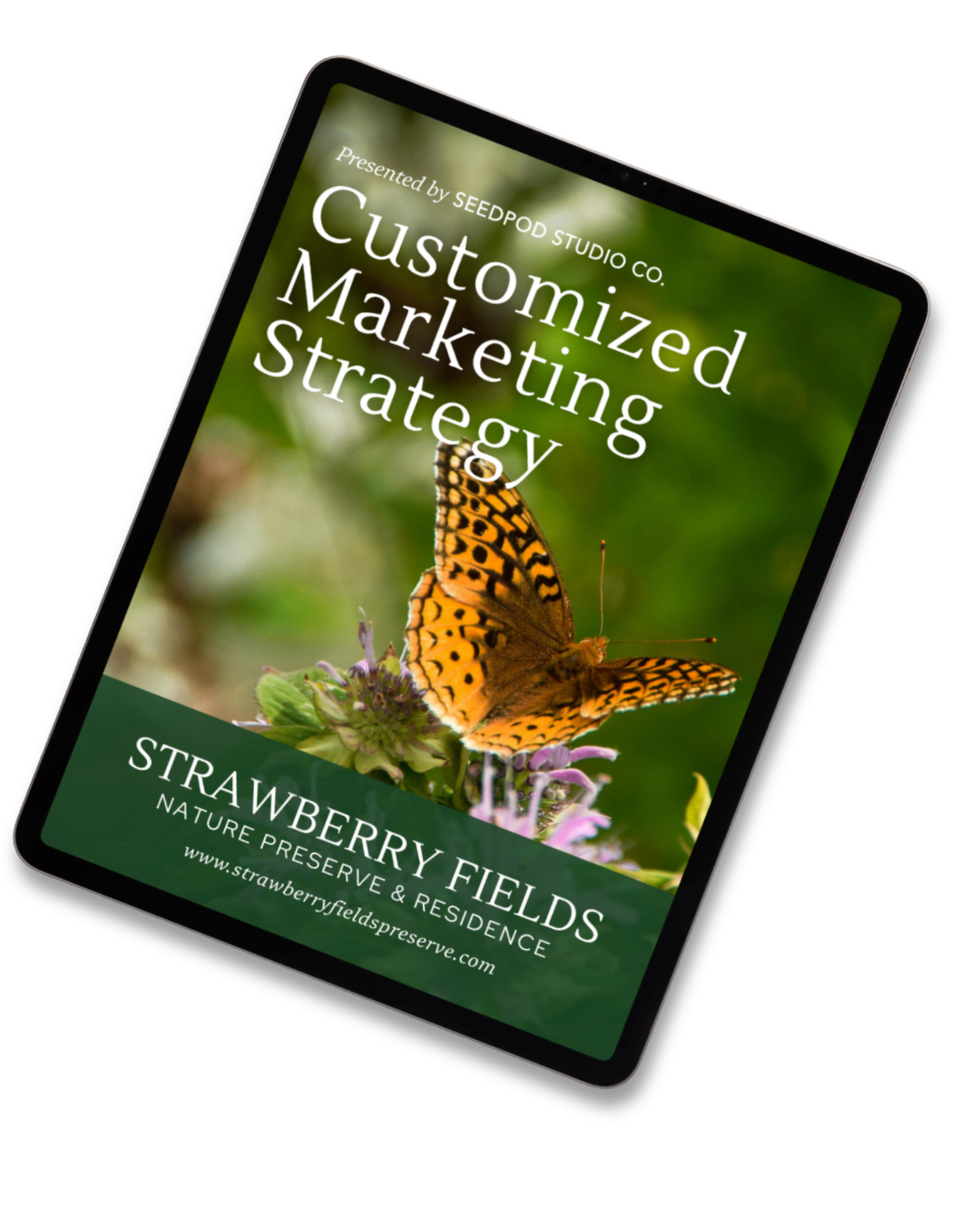 A customized Marketing Strategy guide on an ipad , for Strawberry Fields Nature Preserve
