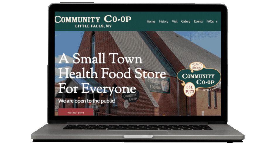 A gif of The Little Falls Community Co-Op website homepage being scrolled through.